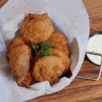 Frituritas de Malanga · Fried Malanga + Cilantro Sauce