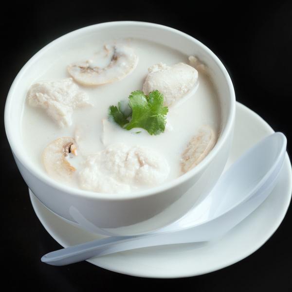 SP2. Tom Kha Soup · Thai coconut milk soup with galangal, lime leaves, lime juice, mushroom with your choice of chicken, shrimps, vegetable or tofu. Topped with cilantro. Gluten-free.