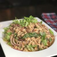 S5. Larb Gai · Thai minced chicken salad mixed with red onion, mint leaves  and roasted rice with special l...