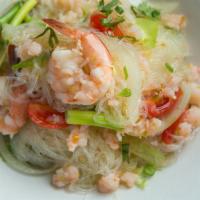 S6. Yum Woon Sen Salad · Steamed glass noodle, shrimps, calamari, red onion, scallion, tomatoes with special Noodies’...