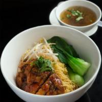 F6. Ba-Mee Duck Noodle · Egg noodles, crispy duck breast, yu choy, bean sprout topped with chef’s special sauce. Serv...