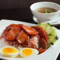 R3. Roasted Red Pork over Rice · Roasted red pork, boiled egg, sweet pork sausage served with jasmine white rice.
