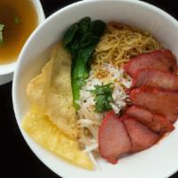 N4. Ba-Mee · Soup or dry. Egg noodle, BBQ roasted pork, crab meat, yu choy, bean sprout and crispy wonton...