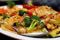 Drunken Noodle  · Spicy. Stir-fried wide rice noodle with basil leaves, broccoli, red paper and egg in garlic and hot pepper sauce.