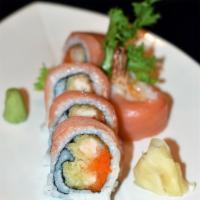 Smokey Roll · Shrimp tempura, spicy mayo, massago & scallion topped with a fresh cut of smoked salmon.