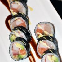 Angel Kiss Roll · Yellowtail, salmon, eel, crabmeat, avocado and pickled squash topped with spicy mayo and eel...