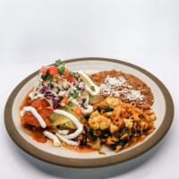 ENCHILADAS · Two Enchiladas, Sour Cream, Served w/ Rice & Beans - Choice of Red, Green, X-mas or Mole