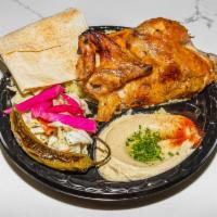 1/2 Chicken Plate Lunch Special  · Hummus, salad, rice and pita bread.