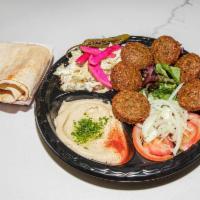 Falafel Plate Lunch Special · Salad, hummus, lettuce, tomato and pita bread.