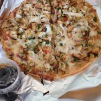 Chicken Flatbread · Grilled & diced Halal chicken breast, red onions & herbs, mozzarella/provolone cheese