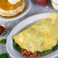 Spinach, Bacon, and Cheese Omelet · Served with your choice of steamed rice, seasoned home fried potatoes or 3 fluffy buttermilk...