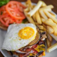 Signature Eggs ‘n Things Burger · !00% local beef patty, topped with cheese, bacon, mushrooms, onions, lettuce, tomato, and a ...