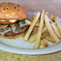 Volcano Burger · !00% local beef patty seasoned with our cajun spice, topped with cheese, onions, jalapeños  ...
