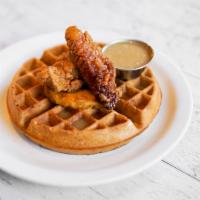Pineapple Honey Chicken and Waffle · Thick cake made from leavened batter or dough.  