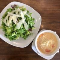 Cup or Bowl of Homemade Soup and Large Green Salad · Mixed lettuces, fresh herbs, house red wine vinaigrette and Grana Padano. Check social media...