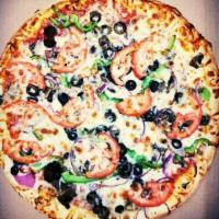 Veggie Combo Pizza · Pizza sauce, mozzarella cheese, mushrooms, red onions, green bell peppers, tomatoes and slic...