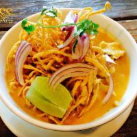 Kao Soi · A special roadside stand egg noodle dish from Chiang-Mai, prepared with chicken or tofu in a...