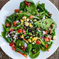 Spinach Ensalada Salad · Baby spinach roasted corn, toasted black beans, quinoa, tomatoes, onions, carrots, peas and ...