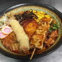 Kyoto Ramen      (spicy) · Bone broth with house special kimchi and pork fiet mixed: chichen stick, breaded shrimp, bam...