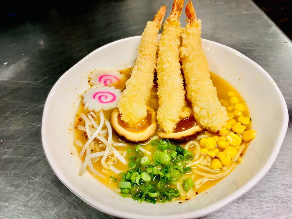 Shrimp Tempura Ramen · Bone broth with miso favor based: breaded shrimp, fish cake, bean sprouts, chopped scallion, sweet corn and soft boil egg