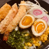 Udon Nooddle · clear broth udon noodle soup: deep fried shrimp and crabmeat, fish cake, bean sprouts, chopp...