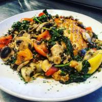 Salmon Picatta · Salmon fillet sauteed with mushrooms, capers, baby spinach and lemon, garlic wine butter sau...