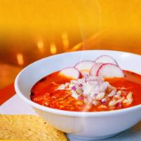 Pozole Soup · Hominy in red soup, lettuce, radish, onion, cilantro, oregano, choice of vegan meat and tost...