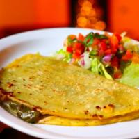 Corn Quesadilla · Corn tortilla, cheese, choice of meat. Served with pico and lettuce on the side.