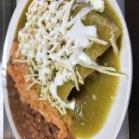 3 Green Enchiladas · Choice of vegan meat, onion, cilantro, choice of salsa. Served with rice and beans.