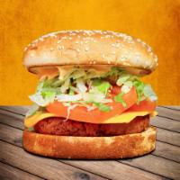 Beyond Burger · Beyond Burger patty, burger sauce, cheese, pickles, lettuce, tomato, onion on burger bun.