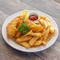Fish and Chips · Battered and fried cod with tartar sauce and lemons, with French fries or substitute curly f...