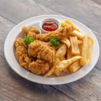 Chicken Breast Strips · Chicken breast tenders served with ranch or BBQ dipping sauce and your choice French fries o...