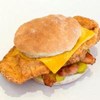 Amy Chicken Biscuit · Bacon, pickles, cheddar cheese, honey and Amy's southwest spicy mustard. A piece of chicken ...