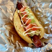 B.L.T. Dog · sliced bacon, lettuce, tomato, and mayo on top of a dog