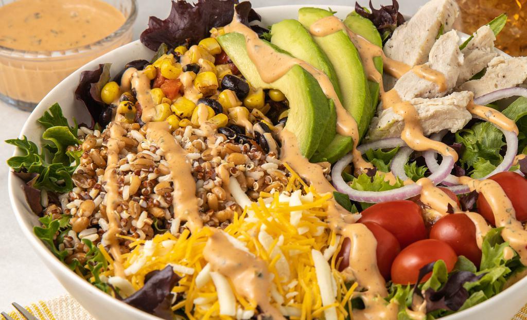 Tex-Mex Bowl · Hearty Ancient Grains with fajita chicken, mixed greens, avocado, grape tomato, diced red onion, roasted corn & black bean, cheddar blend, & served with an Chipotle Ranch Dressing.