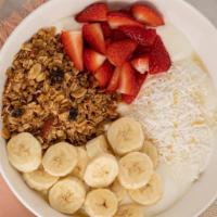 Strawberry Banana Sunrise Bowl · Choice of Yogurt or Oatmeal with Strawberries, Bananas, homemade granola, coconut and honey ...