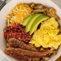 Southwest Bowl · Roasted potatoes, fluffy scrambled eggs, Pico de Gallo, avocado, shredded cheese and your ch...