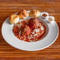 Spaghetti Meatball · Homemade meatball, pomegranate marinara, and mozzarella cheese. Served with freshly house-ma...