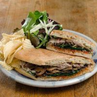 Duck Confit and Mozzarella Sandwich · Duck confit, spinach, mushroom, grilled red onion, mozzarella, sun-dried tomato.