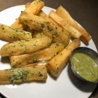 Yuca Frita · South American fried yucca / garlic–lime–cilantro mojo / salsa verde / GF / D