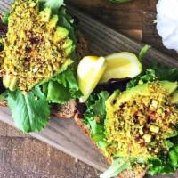  - Avocado Toast · vibe nutty pesto, mixed greens, avocado, red pepper flakes, pistachios atop sprouted wheat t...