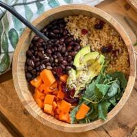  - Harvest Bowl · [43g Protein] sweet potato, brown rice, black beans, baby kale, avocado, dried cranberries, ...
