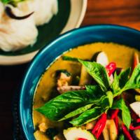 Green Curry with Vermicelli · Chicken or beef. Green curry paste, bamboo shoot, string bean, eggplant, zucchini, carrot, b...