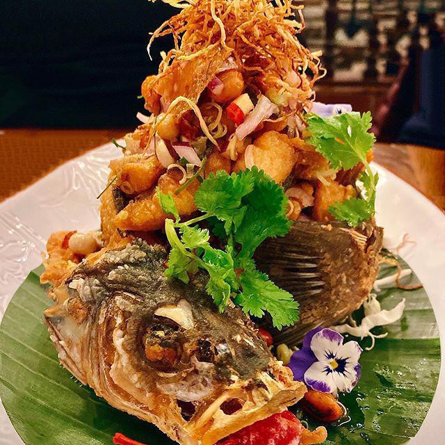 Spicy Herbal Fish (Pla Tod Sa Moon Prai) · Crispy filet Bronzino with lemongrass, lime leaf, ginger, peanut, red onion, bird eye's chili, lime, mint, dried shrimp with sweet spicy and sour sauce. Spicy, gluten-free.