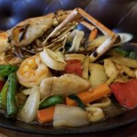 Pad Cha · Sauteed mixed seafood with white wine, mushroom, long hot pepper. Lime leaf, carrot, onion, ...