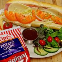 Italian Sub · Ham, hot cappy and salami, with provolone cheese, lettuce, tomato, onion, oil and vinegar, m...