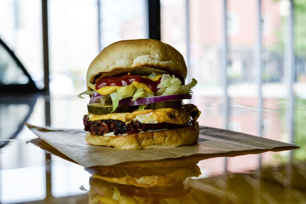 Original Dirt Burger · Ketchup, mustard, pickles, vegan cheddar, red onion, vegan ranch, shredded lettuce.