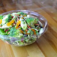 Broccoli and Brussels Sprout Salad · Served with dried apricot, green goddess dressing.