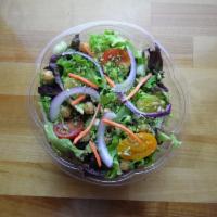CSA Salad · Mixed sun gold greens, cucumber, sunflower seeds, broccoli shake, tomatoes, toasted chick pe...