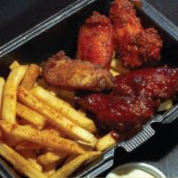 Chicken Wings Combo · Fresh Oven roasted wings served with french fries. Your Choice of different sauces.